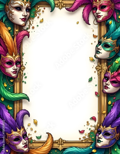 frame with colorful masks, Mardi Gras frame of colorful masks, Mardi Gras colorful frame background, Mardi Gras border, Watercolor Mardi Gras masks Frame.	