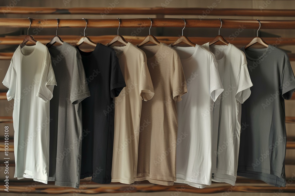 Obraz premium Row of shirts hanging on a rack, including white, tan, and black