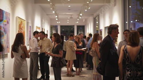 Art gallery opening with diverse people mingling, discussing art under bright lighting, showcasing creativity and cultural expression.