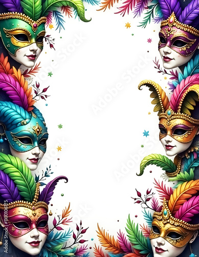 frame with colorful masks, Mardi Gras frame of colorful masks, Mardi Gras colorful frame background, Mardi Gras border, Watercolor Mardi Gras masks Frame.	