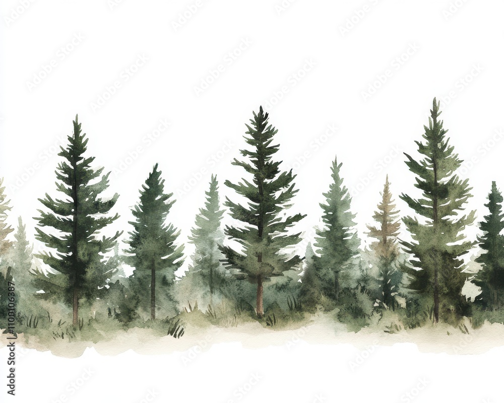 Obraz premium A serene watercolor depiction of evergreen trees on a white background.