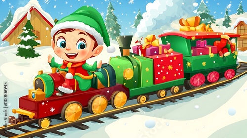 11. A playful clipart collection of elves, presents, and toy trains in a colorful and cartoonish style photo