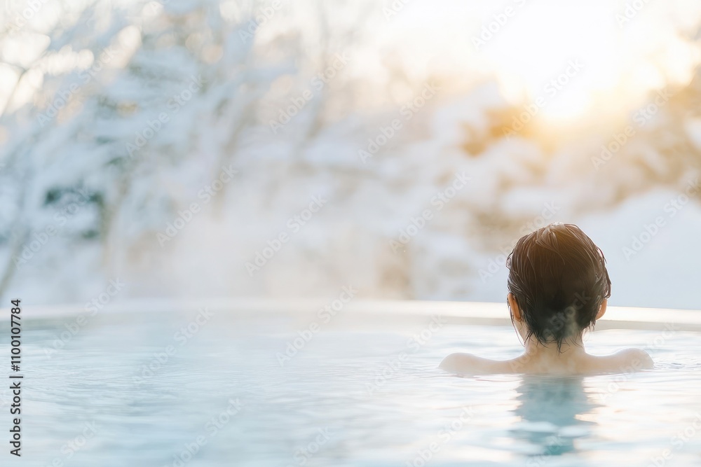 Fototapeta premium Back view of woman in winter hot pool at sunrise.
