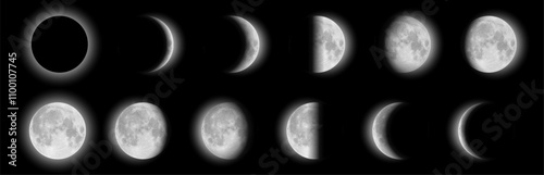 Realistic phases of the moon. Vector elements lunar set. Black and White Collection