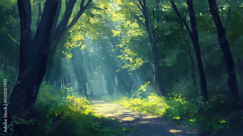 Obraz premium Peaceful forest path with dappled sunlight