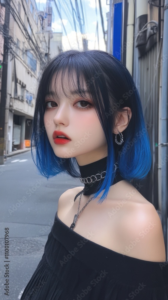 Fototapeta premium Young Japanese woman in urban setting at sunset 