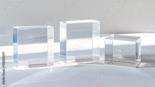 A composition of three clear geometric acrylic blocks casting light reflections.