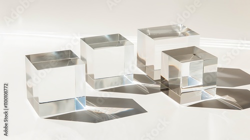 A set of clear acrylic cubes casting shadows on a surface, showcasing geometric shapes and reflections.