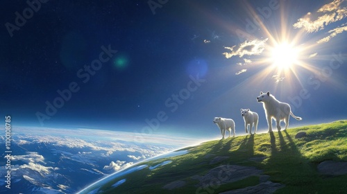 Wolves on cosmic edge, sunlit clouds and sky art. photo