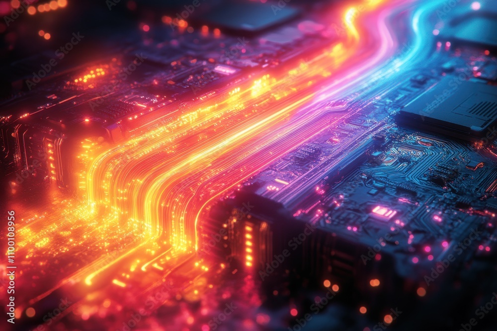 Fototapeta premium A vibrant digital circuit board with glowing pathways representing data flow.