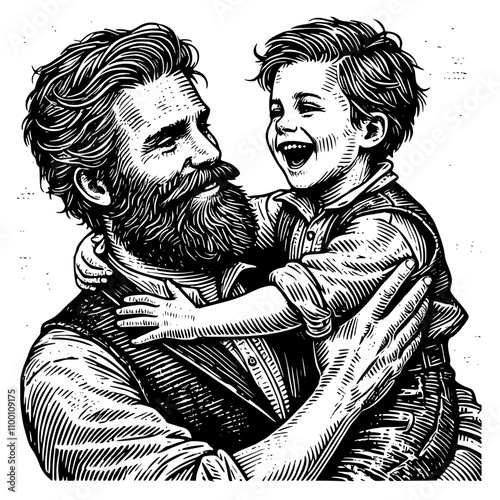 Father and son sharing a heartwarming moment, with the father holding the child and embracing him in a display of familial love and joy. The scene embodies family, affection.