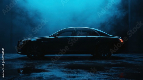 A sleek black luxury car silhouetted against a blue misty background.