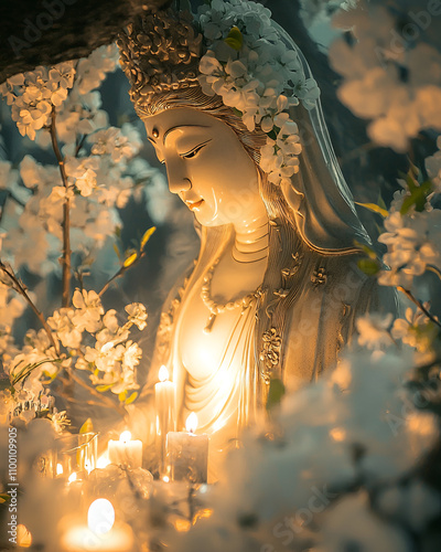 A soft, illuminated statue of Quan Yin, surrounded by fresh white flowers and glowing candles, exuding a sense of peace and serenity