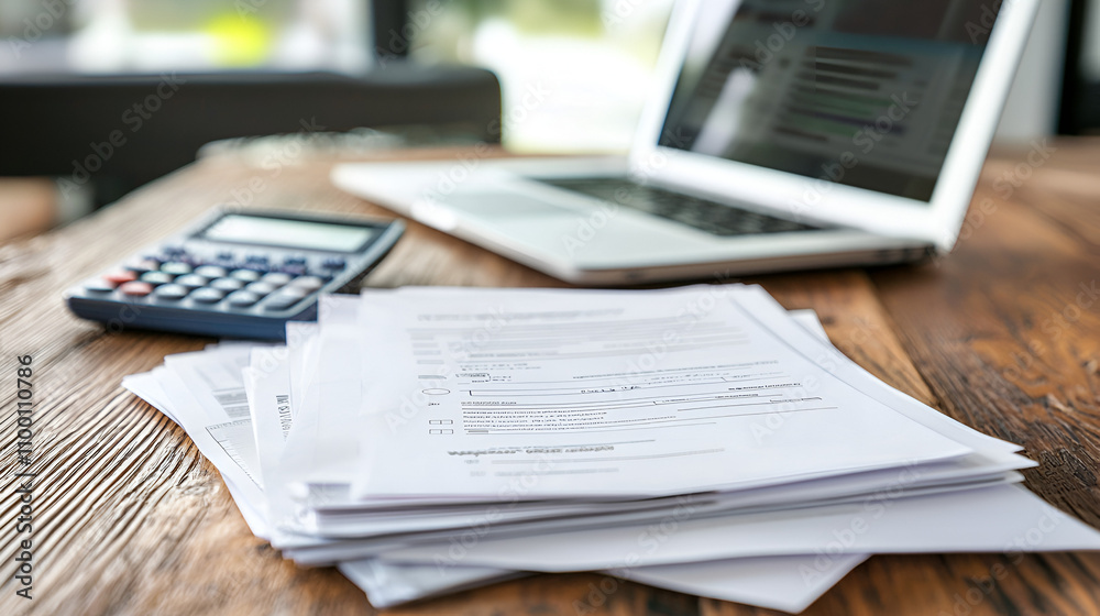Obraz premium A financial report document with a pen and a calculator, lying on a polished office desk