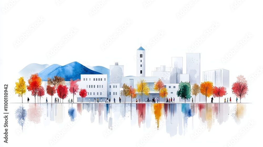 Obraz premium The growth of sustainable cities is symbolized by a vibrant urban street, which consists of trees and buildings.