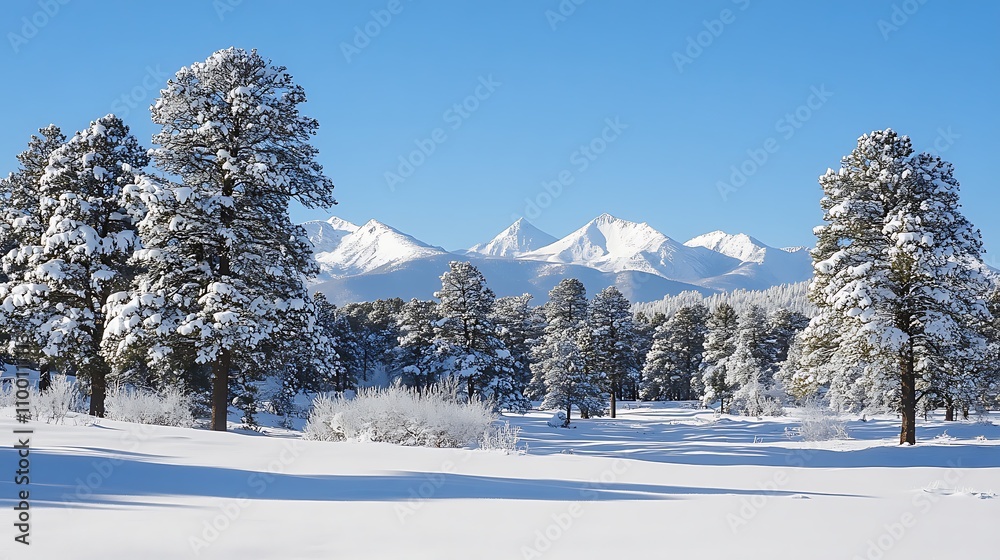 A peaceful winter scene of pine trees blanketed in snow, with snow-capped mountains looming in the background under a bright, clear sky A peaceful winter scene of pine trees blanketed in snow, with snow-capped mountains looming in the background under a bright, clear sky