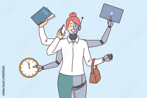 Cyborg woman with many hands multitasking thanks to integration with modern technology and AI