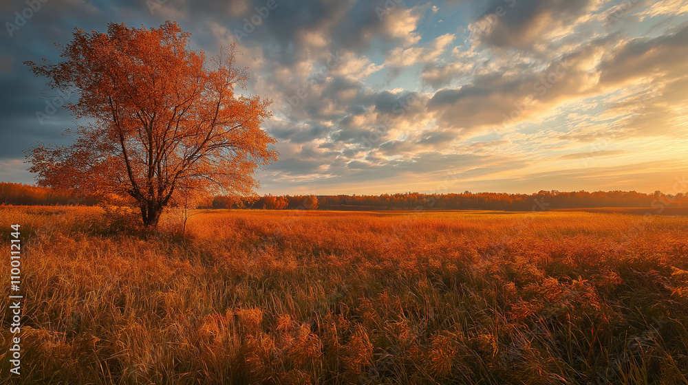 Fototapeta premium Lonely tree in an orange grassy field, beautiful sunset with cloudy sky in the background