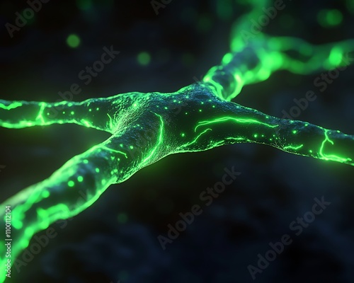 peripheral nerve network illuminated in neon green against a dark backdrop photo