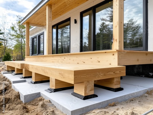 Modern Wooden Foundation Beams Installation Close-Up