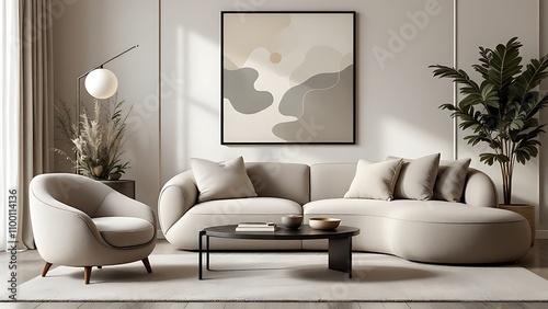 Minimalist, japandi style interior design of modern living room. Boucle sofa and accent armchair against beige wall with frame. photo