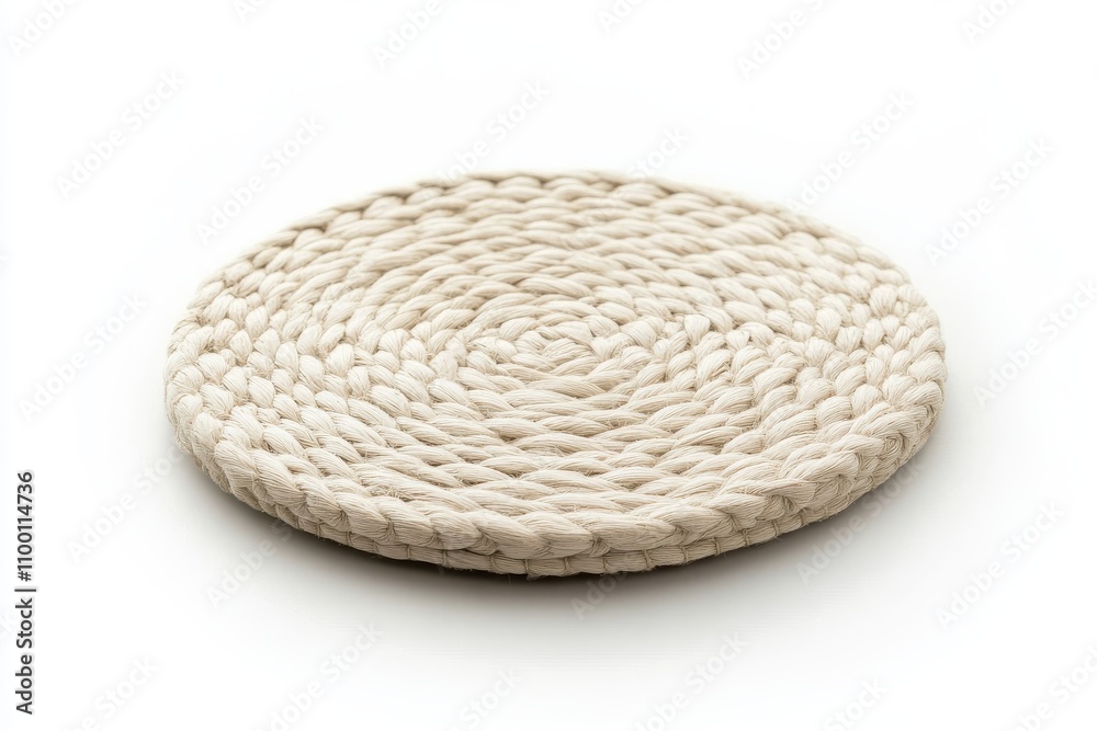 Obraz premium Round woven coaster in beige color, made of natural fibers, isolated on white background, perfect for home decor and tableware designs
