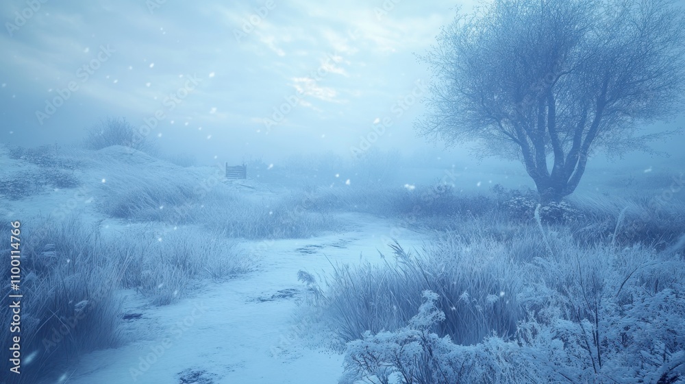 Fototapeta premium Snowy Mountain Landscape with Frost-Covered Tree and Path 