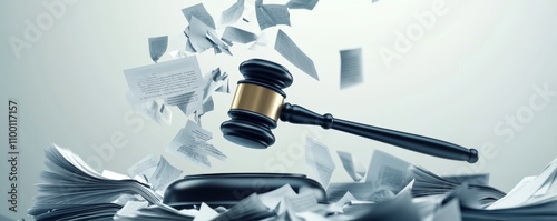 Law restriction concrpt. A judge s gavel in mid-air above shattered documents, visualizing the tension between control and liberty