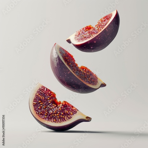 Three pieces of ripe fig floating against a smooth background showcasing vibrant colors and texture.