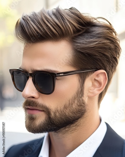 Stylish Man with Brown Hair and Sunglasses,  Sharp Hairstyle and Beard, Fashionable Look,  Portrait Photography,  Closeup View