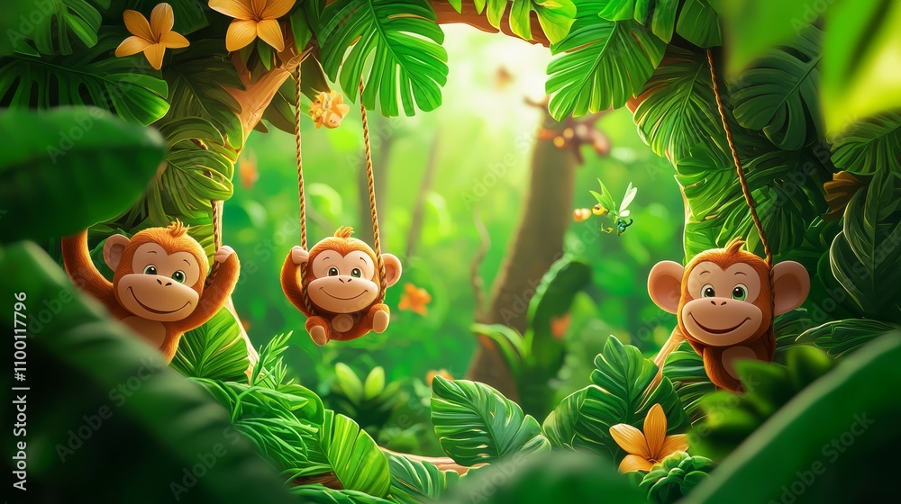 Naklejka premium Cute Jungle Scene with Playful Monkeys and Lush Greenery