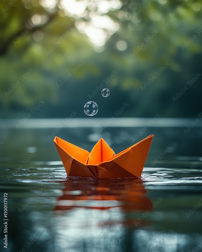 Fototapeta premium Orange paper boat floating with a bubble, serene lake, soft bokeh background