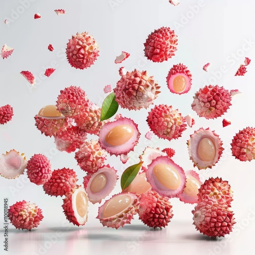 Lychee fruits exploding with vivid colors and textures on a white isolated background.