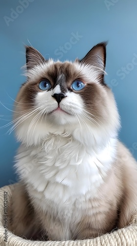 Ragdoll cat portrait indoor setting pet photography cozy atmosphere front view feline beauty