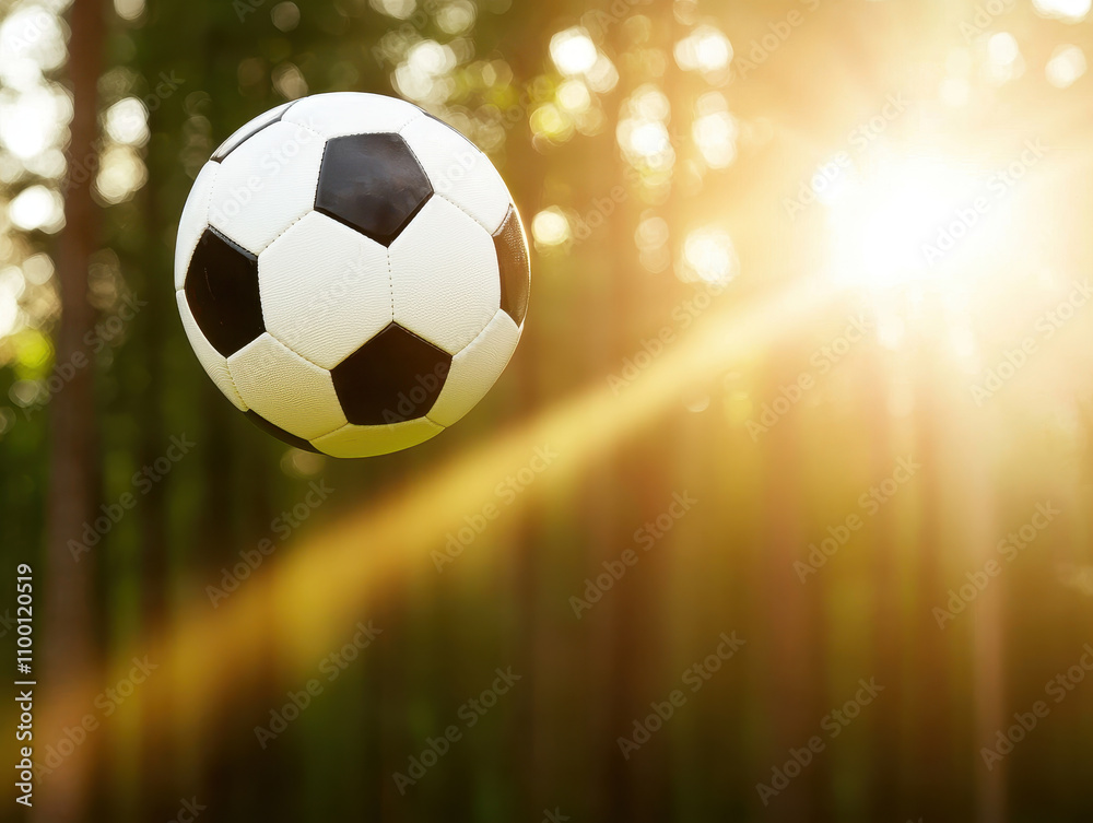 Naklejka premium soccer ball hovers above forest glade, illuminated by sunlight, creating vibrant and dynamic scene. contrast of ball against natural backdrop evokes sense of energy and playfulness