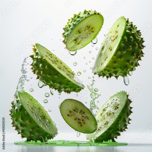 Fresh, sliced green cactus fruit with droplets of water on a white background.