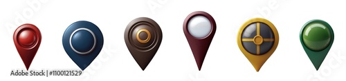 Set of various realistic location map pin symbols in different colours isolated on transparent background. Generative AI