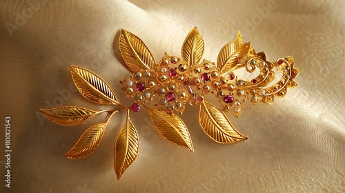 An elegant gold brooch with intricate leaf motifs and tiny gemstones, displayed on a soft beige background