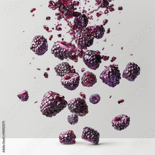 Flying blackberries falling against a white background, showcasing freshness and natural beauty.