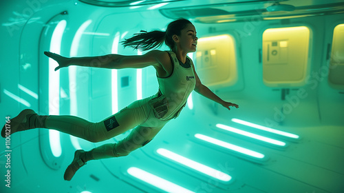 A woman glides effortlessly in the zero-gravity chamber, her sleek suit featuring futuristic designs and lightweight armor, a perfect blend of grace and power.