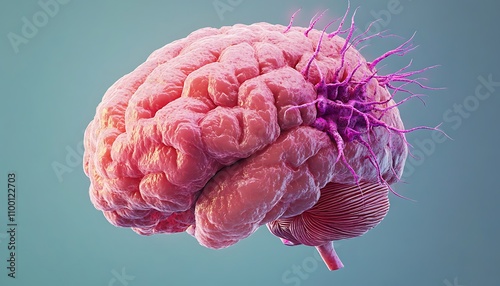 Comprehensive view of the human brain with pink and purple neurons firing in harmony photo