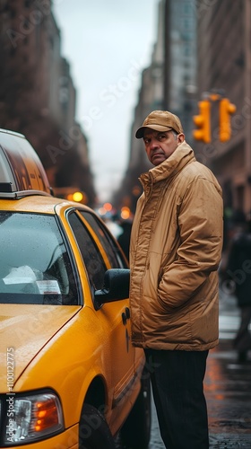 Wallpaper Mural Taxi driver in uniform by yellow cab in city street Torontodigital.ca