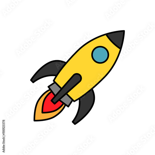Flying rocket. Rocket ship launched to space. Business booster, start up, future, aim concept. Vector