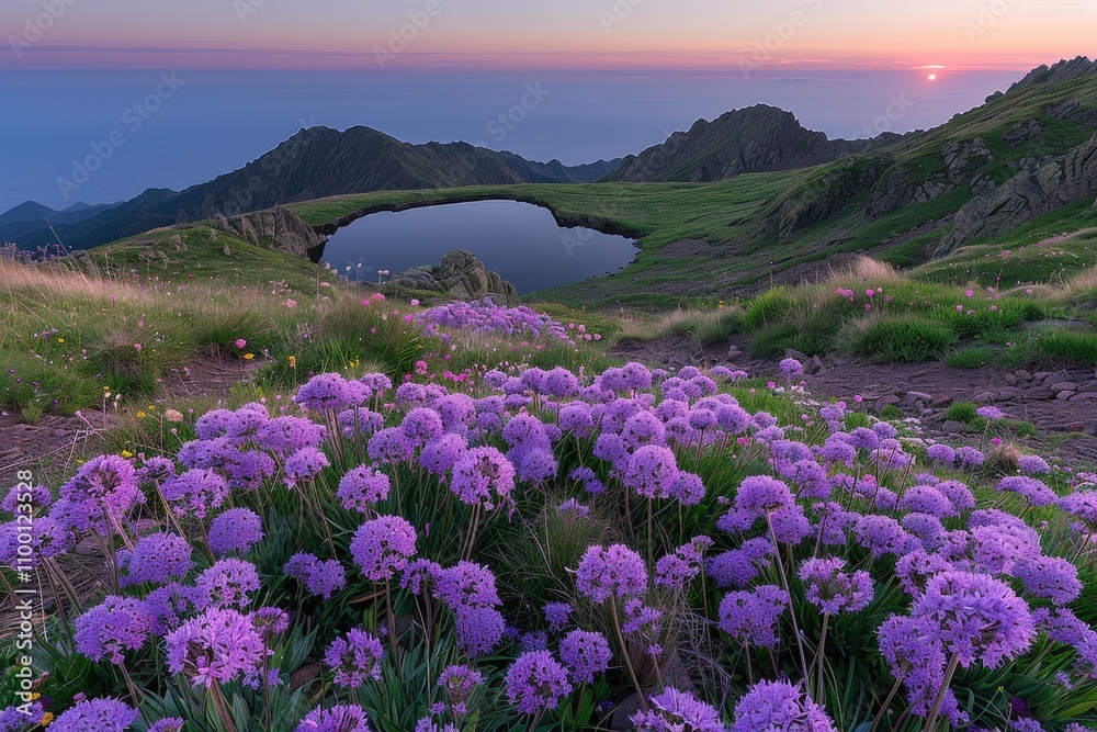 Obraz premium Vibrant wildflowers blooming at sunset over a serene mountain lake nature landscape peaceful outdoor view scenic beauty
