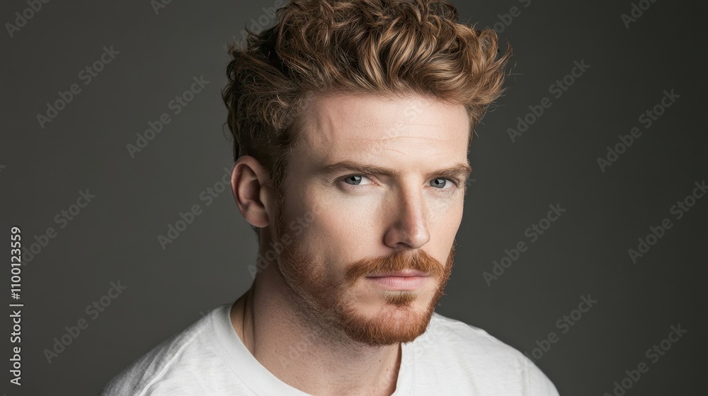 Fototapeta premium Portrait of a Redhead Man with Curly Hair and Beard, Intense Gaze and Serious Expression, Studio Shot, Male Model