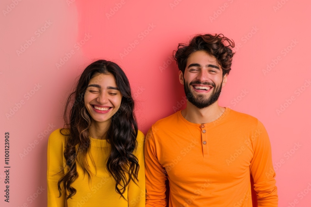 Fototapeta premium Portrait of a cheerful indian couple in their 20s showing off a lightweight base layer over solid pastel color wall