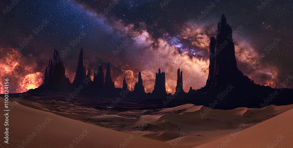 Fototapeta premium Panoramic photograph of the Milky Way over an alien desert landscape with sand dunes and black rock spires