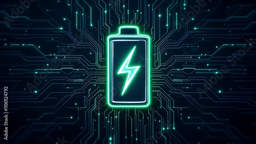 Glowing green power neon futuristic energy storage, high capacity rechargeable lithium ion battery