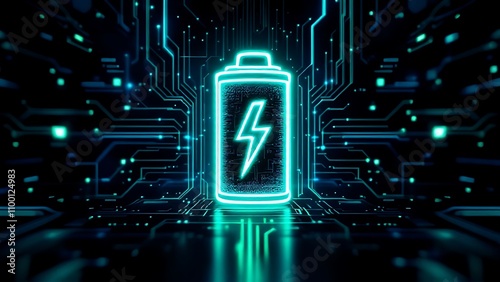 Glowing green power neon futuristic energy storage, high capacity rechargeable lithium ion battery