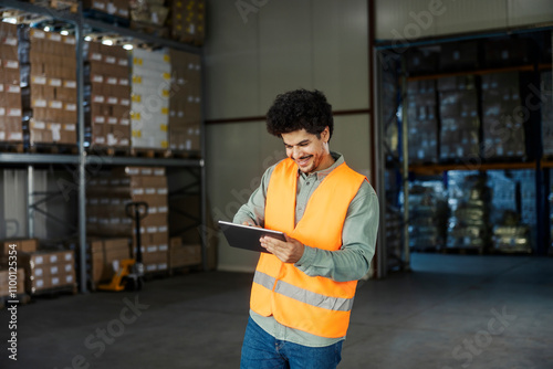 Happy interracial storage manager scrolling on tablet and going trough checklist.
